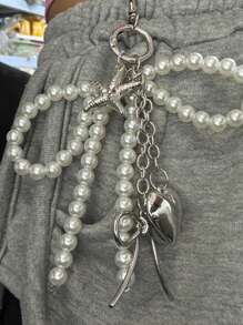 男女皆宜的Y2K可爱串珠蝴蝶结吊坠，时尚大号心形包包挂饰，银色心形旋转钩设计，弹簧扣，海星、蝴蝶结和心形元素手机挂饰钥匙扣 - 彩色 - 查看 3