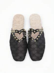 Grün & Gold dekorativer Knopf quadratische Zehenkappe flacher Absatz Slip-On Mules für Frauen, atmungsaktive geschlossene Zehenkappe rückenfreie Slides, Spitzennetzstoff für Kleider, flache ausgestellte Sandalen für den Sommer - Schwarz - Übersicht 7