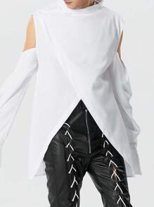INCERUN Fashion Mens Stand Neck Cut Out Off-Shoulder Long Sleeve Tops Asymmetric Hem Casual Loose Shirt Blouse - 白色 - 查看 5