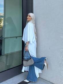 Plain Color Boat Neck Asymmetric Hem Batwing Sleeve Arabic Abaya, Muslim Abaya, Modest - White - View 2