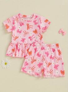 Toddler Baby Girl Summer Outfits Flower Strawberry Bow Pattern Crew Neck Short Sleeve T-Shirt With Shorts 2 Pcs Set - 粉色 - 查看 1