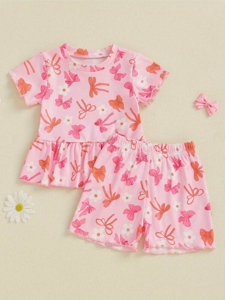 Toddler Baby Girl Summer Outfits Flower Strawberry Bow Pattern Crew Neck Short Sleeve T-Shirt With Shorts 2 Pcs Set - 粉色 - 查看 1