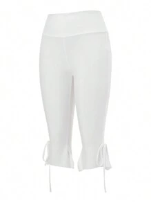 Women Capri Pants Solid Color Elastic Waist Tie-Up Summer Casual Cropped Pants Stretch Crop Leggings - White - View 8