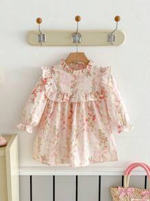 春季花朵图案女童连衣裙，休闲舒适，优雅年轻女士，粉色 - 粉色 - 查看 2