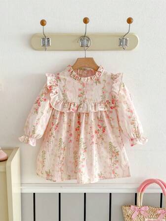Spring Flower Pattern Girl Dress, Casual & Comfortable, Elegant Young Lady, Pink