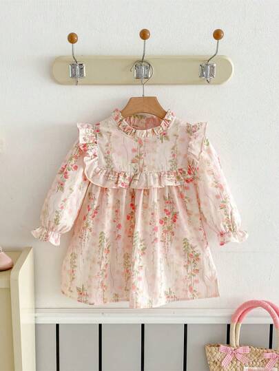 春季花朵图案女童连衣裙，休闲舒适，优雅年轻女士，粉色