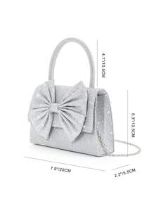 Sac à main élégant et simple de dames avec nœud papillon pailleté et couleur unie, pour soirée, mariage, bal de promo, rendez-vous de la Saint-Valentin - Argent - Voir 3