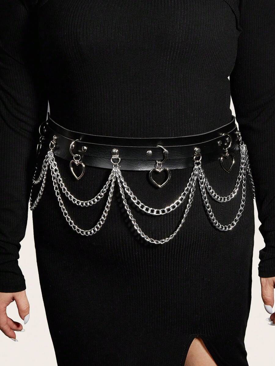 1 pièce Ceinture de taille  à double couche avec décoration de chaîne circulaire pour femmes grandes tailles, style gothique punk, accessoire polyvalent pour robes, fêtes, vacances, idée de cadeau été, école automne, automne, Halloween - Noir - Voir 1