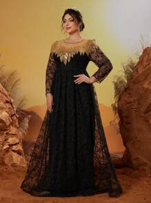 Anpoket Plus Size New Arrival Round Neck Evening Gown Dress, Embroidery Flower Long Dress, Party Dress, Wedding Guest Dress, Formal Dress - Black - View 3
