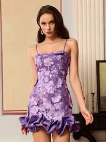 Elegancka damska sukienka typu slip z haftowaną aplikacją, łączenie materiałów, bez pleców, idealna na walentynki, wiosnę i lato, sukienka na imprezę, sukienka na wesele, sukienka na bal - Fioletowy - Zobacz 6