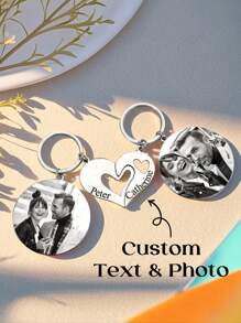 1pc Custom Matching Couple Keychain Set With Photo, Personalized Engrave Keychain With Photo And Text, Custom Heart Keychain, Personalized Stainless Steel Heart Women's Men's Puzzle Matching Text Couple Keychain, Personalized Photo Matching Keyring, Gift For Couples Lovers, Gift For Girlfriend And Boyfriend, Gift For Wife Husband, Birthday Gift, Valentine's Day Gift, Anniversary Gift.