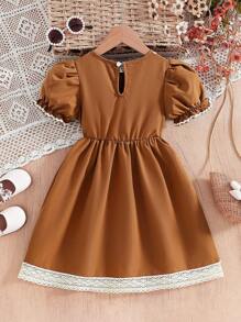 Young Girl' Vintage Elegant Fashionable Versatile Ruffle & Bow Decor Round Neck Puff Sleeve Retro Mini Dress, Suitable For School Or Outdoor Activities, Summer - Coffee Brown - View 4