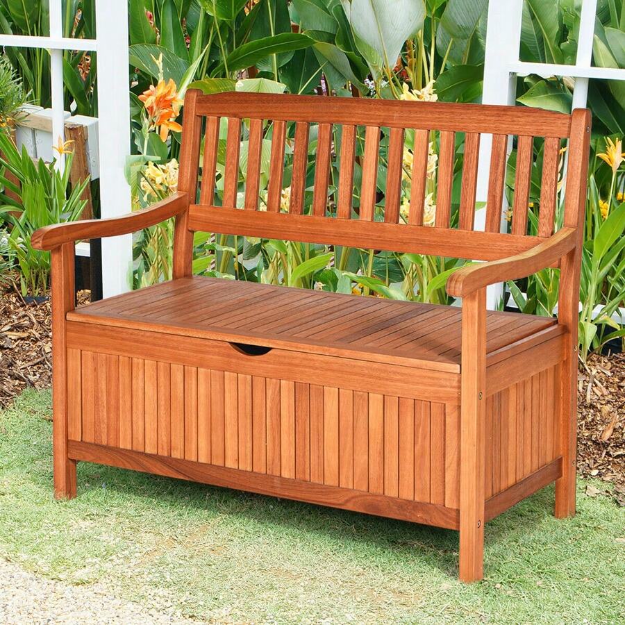 42'' Storage Bench Deck Box Solid Wood Seating Container Tools Toys W/Backrest - Nature - View 1