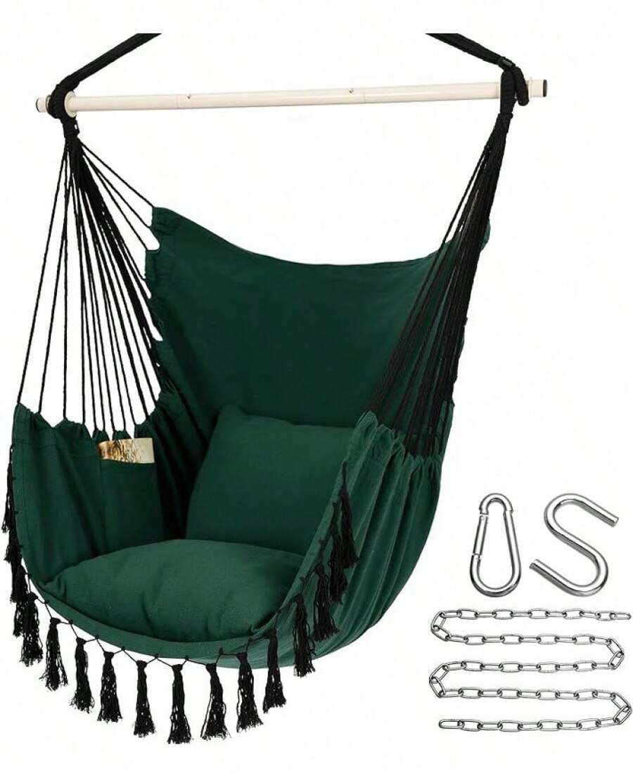 Y- Stop Hammock Chair Hanging Rope Swing Chair, Max 500 Lbs, 2 Seat Cushions Included, Removable Steel Spreader Bar With Anti-Slip Rings, Hardware Kit-For Indoor Or Outdoor(Dark Grey) - Green - View 1
