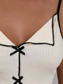 2 件女式夏季睡衣套装，条纹蝴蝶结吊带上衣和短裤家居服，休闲舒适的家居服，可户外穿着，性感短裤和上衣套装 - 米色 - 查看 8