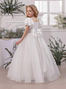 女童泡泡袖薄纱花童裙，公主裙，适合复活节、生日派对、婚礼、舞会、节日场合 - 白色 - 查看 3