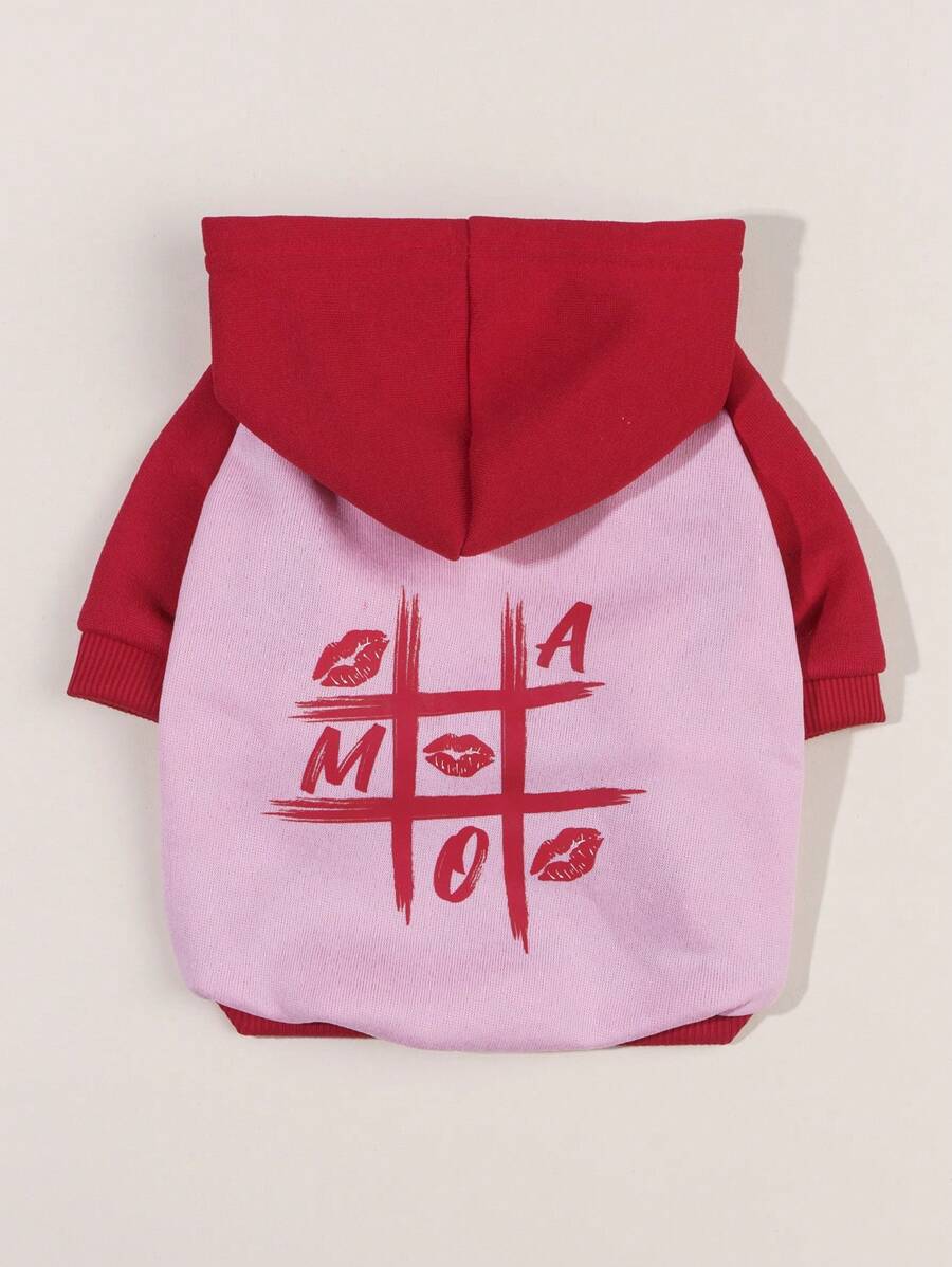 LUCKIE LABO 1件爱心印花撞色连帽卫衣，适合吉娃娃、小型犬、猫咪，室内/室外保暖穿着，秋冬季节适用。 - 紅色 - 查看 1