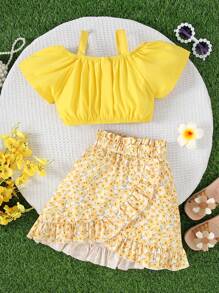 2Pcs/Set Young Girls Solid Color Spaghetti Strap Off Shoulder Short Sleeve Top And Floral Print Ruffle Hem Mini Skirt, Summer - Yellow - View 3