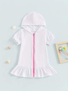 Traje de baño informal holgado de manga corta con volantes y cremallera para niñas de 1 a 8 años. - Blanco - Ver 1