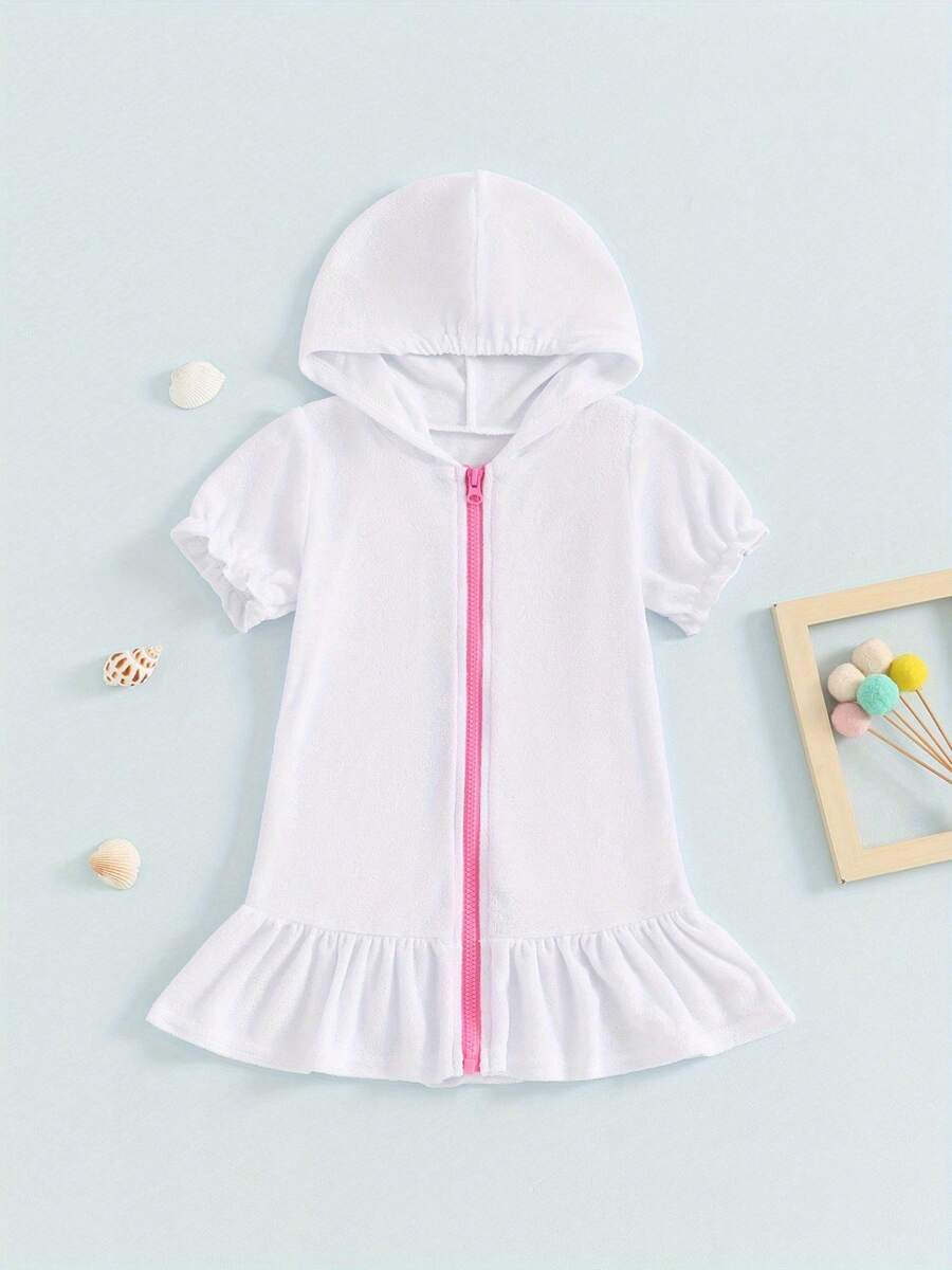 Traje de baño informal holgado de manga corta con volantes y cremallera para niñas de 1 a 8 años. - Blanco - Ver 1