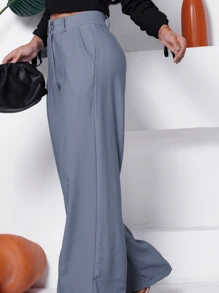 Women's Elegant Wide Leg Pants With Pocket - Xám - Xem 2