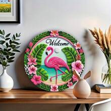 1pc 8x8 Inch Round Vintage Pink Flamingo Welcome Sign - Waterproof Metal Wreath Decor, Suitable For Porch And Home, Holes For Installation Gifts Birthday Graduation