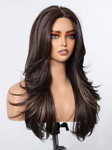 22 Inch Brown Highlight Long Layered Synthetic Wig For Women Middle Part Natural Looking Black Brown Wig For Girl Daily Party Wear