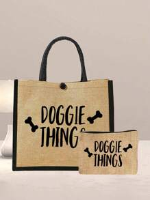 Dog Supplies Letter Print Handbag Set, Gift For Dog Owners And Pet Lovers, Includes Handbag, Cosmetic Bag And Mini Coin Purse, Featuring Favorite Dog Bone Design, Great Gift - Khaki - View 3