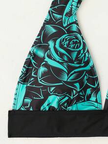 Skeleton Print Color Block Bikini Swimwear With Conservative Square Cut Bottoms, 2 Pieces Set - Green - View 4