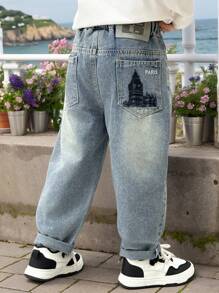 Young Boy Spring Fashion Ripped Distressed Embroidery Pocket Denim Jeans Pants - Baby Blue - View 1