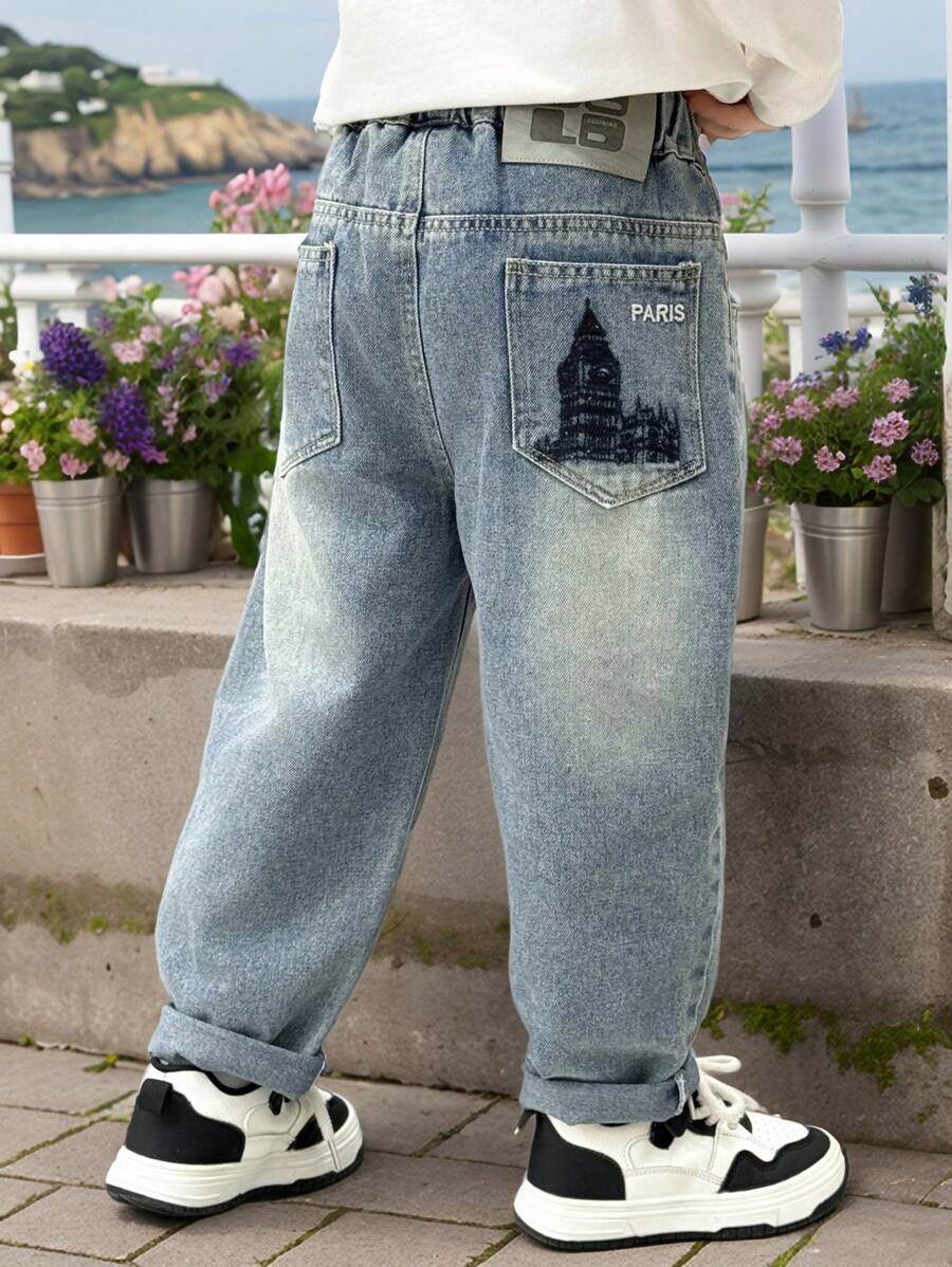 Young Boy Spring Fashion Ripped Distressed Embroidery Pocket Denim Jeans Pants - Baby Blue - View 1