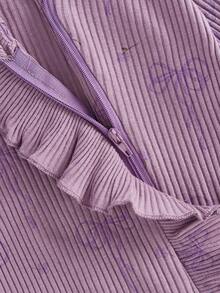 Conjunto de otoño para niña recién nacida, mono con estampado de lazo, manga larga, largo completo, cremallera frontal, acanalado, diadema con lazo, 2 piezas - Morado - Ver 3