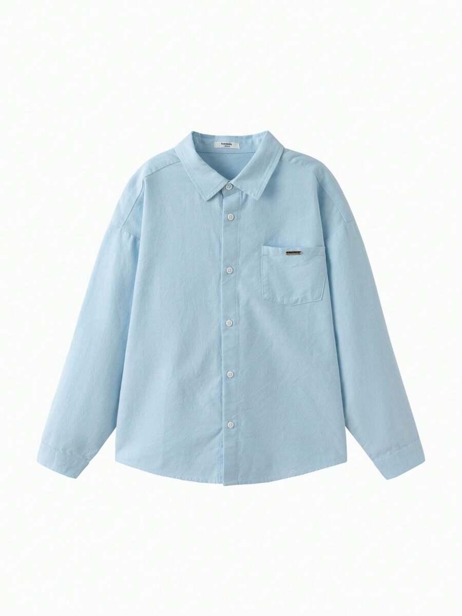 Balabala Young Boys Button-Up Shirt, Classic Preppy Style - Blue Tint - View 1