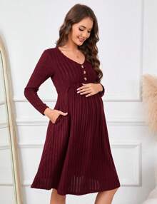 GoyRrbay Maternity Knit Ribbed Dress Casual V Neck Long Sleeve Midi Sweater Dress With Pocket Photoshoot Baby Shower - Burgundy - View 4
