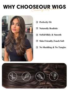 22 Inch Brown Highlight Long Layered Synthetic Wig For Women Middle Part Natural Looking Black Brown Wig For Girl Daily Party Wear