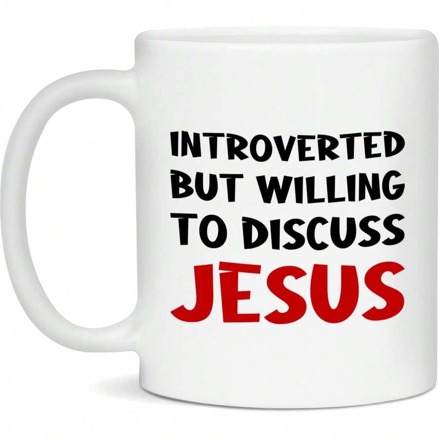 Introverted But Willing To Discuss Jesus Coffee Mug, Funny Jesus Lover Tea Cup, 11 Oz. White Ceramic Mug - White - View 1