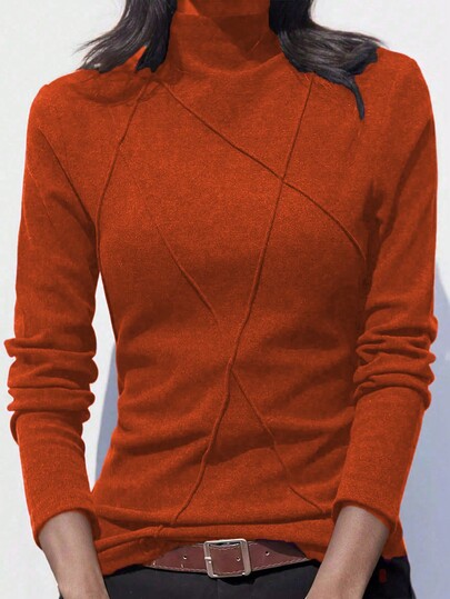 Women's Thermal-Lined Semi-High Neck Base Layer Top, Autumn/Winter Patchwork Fishbone Line Design Casual Fall