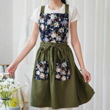Vintage Pinafore Apron Dress Women With Pockets Cute Floral Chef Aprons Kitchen Cooking Baking Gardening - 甜瓜黃 - 查看 7