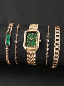 5 pièces/set Montre-bracelet à quartz avec cadran carré pour femme avec bracelet en acier + bracelet, design classique, sans boîte de montre incluse