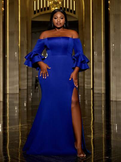 露肩七分袖开衩鱼尾下摆正式晚礼服