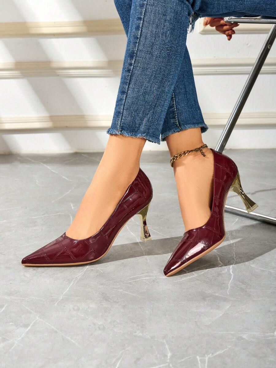 Zapatos de vestir de tacón alto color burdeos para mujer, tacones de aguja de tacón de señora sexy de uso casual, zapatos formales de oficina para mujer - Burdeos - Ver 1