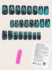 24片哥特式方形美甲贴纸套装，蓝色星空图案，金色星星点缀，中等长度，亮面，可卸美甲套装，适合女性和女孩，包含甲油胶和指甲锉。 - 綠色 - 查看 2