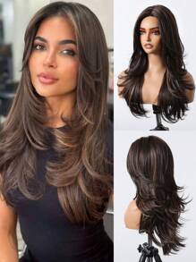 22 Inch Brown Highlight Long Layered Synthetic Wig For Women Middle Part Natural Looking Black Brown Wig For Girl Daily Party Wear