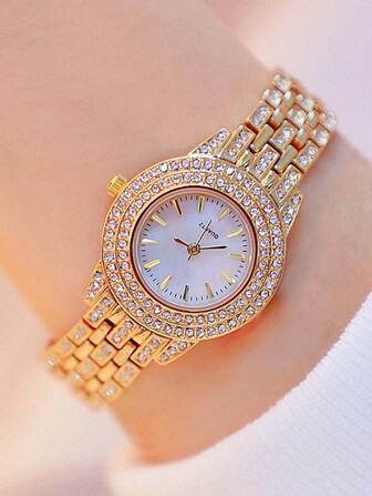 1 件女士石英腕表，带水钻水晶不锈钢表带，时尚奢华