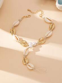 1 件贝壳珍珠链脚链，欧美流行海洋度假风格脚趾环，贝壳和钻石吊坠数量随机