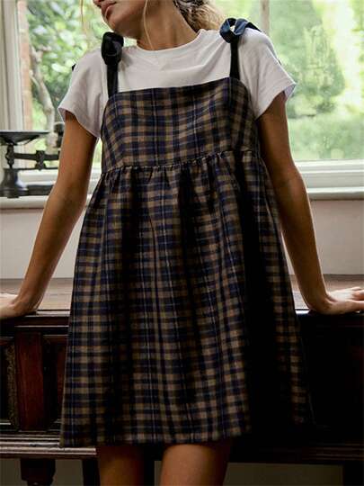 Women Summer Mini Dress Casual Tie Up Strap Plaid Print A-Line Party Dress For Beach Club Streetwear