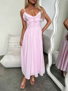 Women Long Dress Solid Color Frills V-Neck Tie-Up Front Sleeveless Cami Dress Summer Fashion Casual Dress