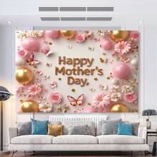 1pc Happy Mother's Day Background Banner, Polyester Material, Mother's Day Floral Butterfly Design, Party Photography Banner, Suitable For Party Home Decor, Mother's Day Gift, Party Banner For Mom, Universal Theme, No Electricity Required