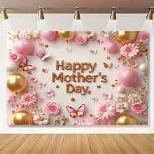 1pc Happy Mother's Day Background Banner, Polyester Material, Mother's Day Floral Butterfly Design, Party Photography Banner, Suitable For Party Home Decor, Mother's Day Gift, Party Banner For Mom, Universal Theme, No Electricity Required
