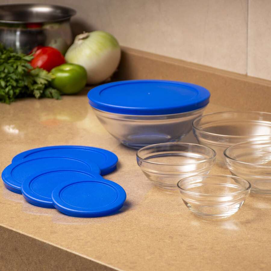 GLAZE Set Of 5 Glass Containers With Airtight Plastic Lids. (Blue, Purple, Red, Fuchsia) - Blue - View 1